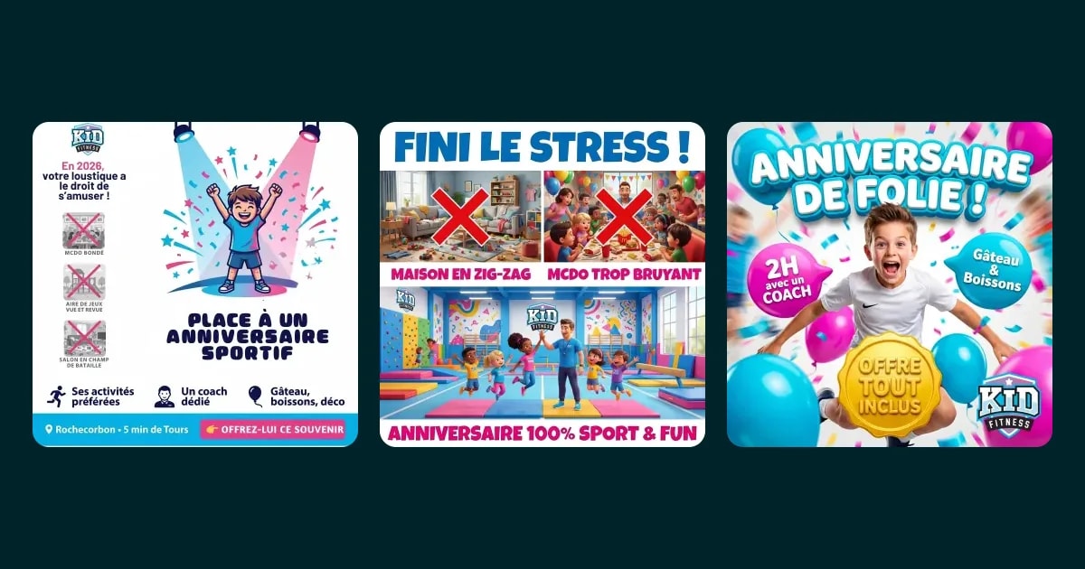 Trois publicités Kid Fitness pour des anniversaires sportifs