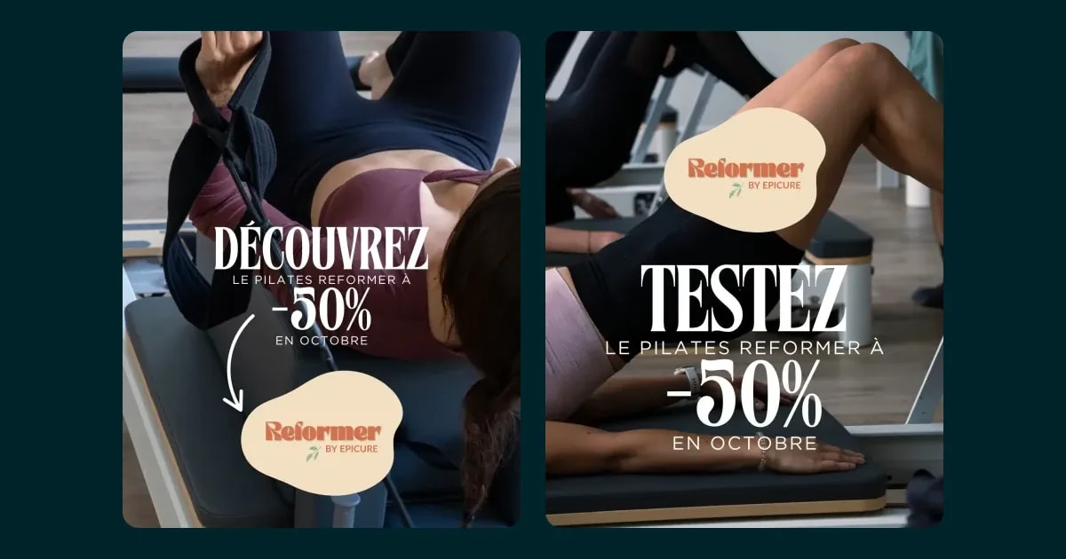 Deux publicités Epicure Social Club : découvrez et testez le Pilates Reformer à moins 50 % en octobre
