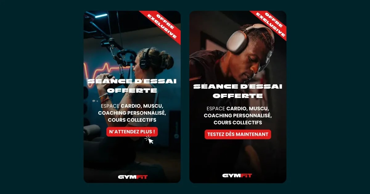 Deux publicités GYMFIT diffusées sur Facebook et Instagram : séance d'essai offerte