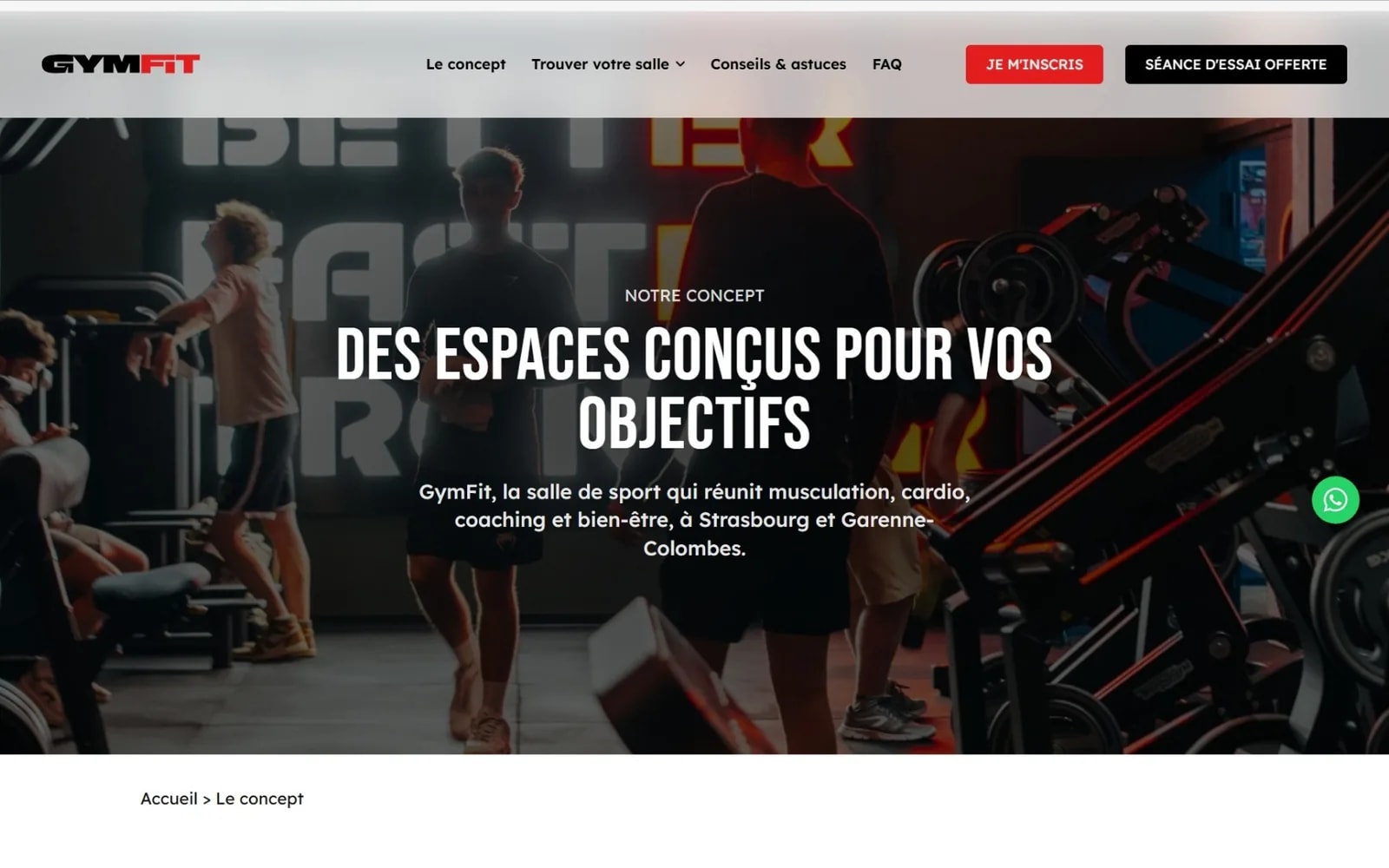 Page « Le concept » du site gym-fit.fr : titre « Des espaces conçus pour vos objectifs », menu et boutons Je m'inscris et Séance d'essai offerte