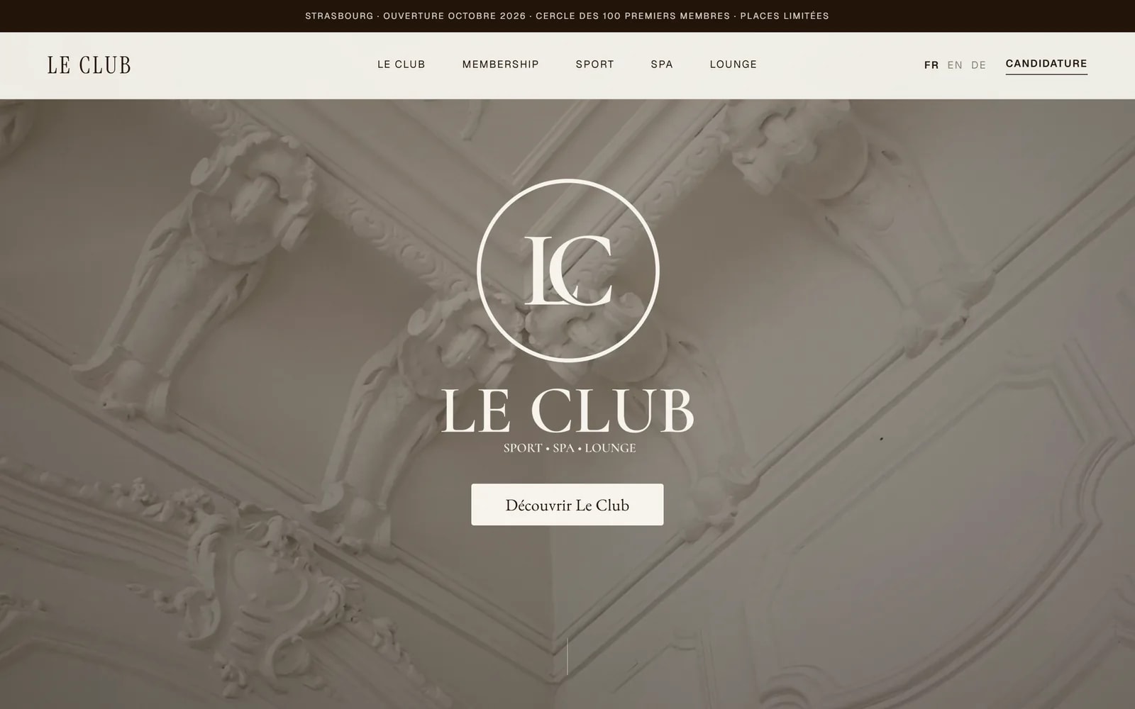 Page d'accueil du site du Club Strasbourg : logo, mention sport, spa et lounge, menu Le Club, Membership, Sport, Spa, Lounge et bouton Candidature