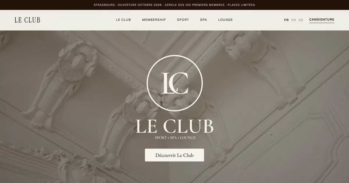 Page d'accueil du site du Club Strasbourg : logo, mention sport, spa et lounge, bouton Découvrir Le Club