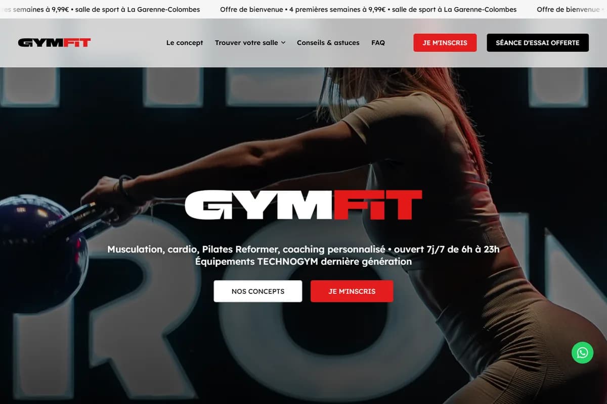Page d'accueil du site de GYMFIT, salles de sport à Strasbourg et à La Garenne-Colombes