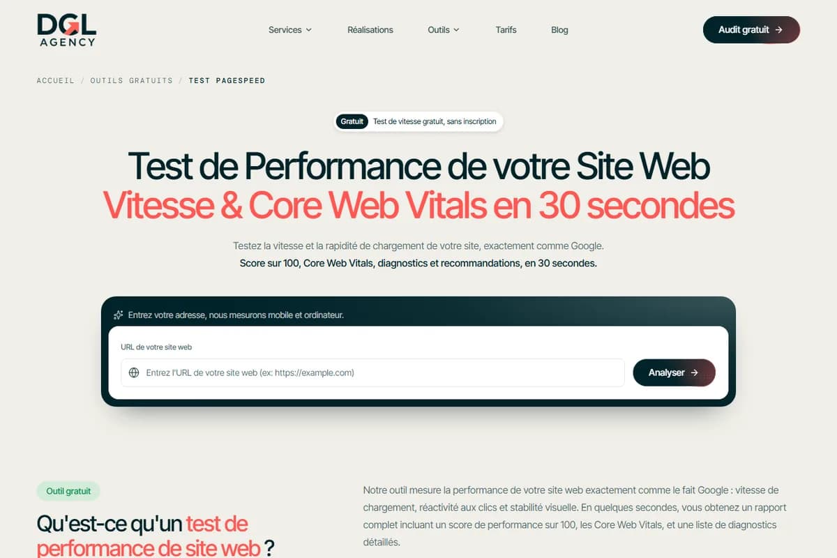 Page du Test PageSpeed de dgl-agency.fr, avec le champ de saisie de l'adresse à analyser
