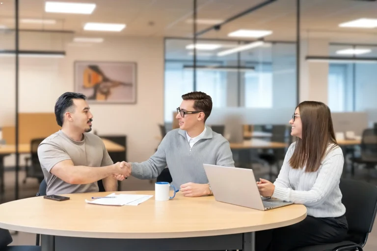 L’équipe DGL AGENCY en rendez-vous, serrant la main d’un client